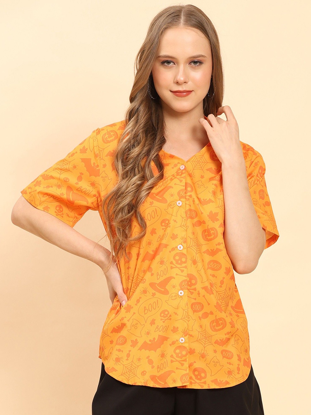 

Moda Rapido Women Standard Fit Mandarin Collar Abstract Printed Casual Shirt, Orange