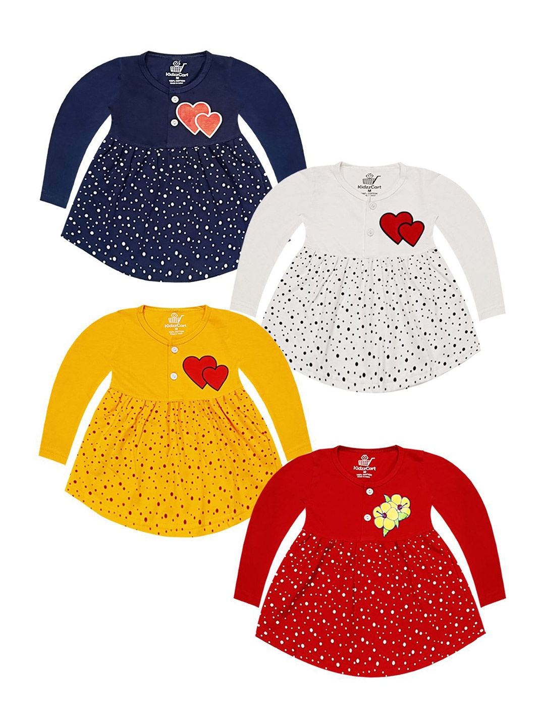 

KidzzCart Girls Pack Of 4 Floral Printed Fit & Flare Cotton Dress, Navy blue
