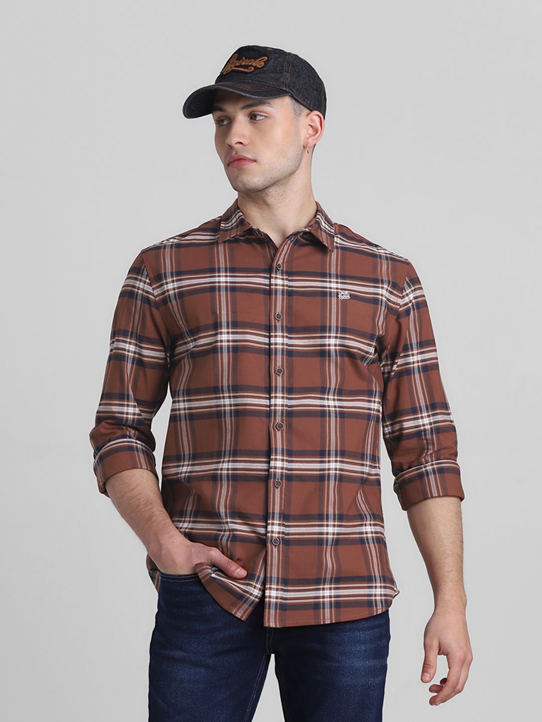 

Jack & Jones Men Spread Collar Tartan Checked Cotton Casual Shirt, Brown