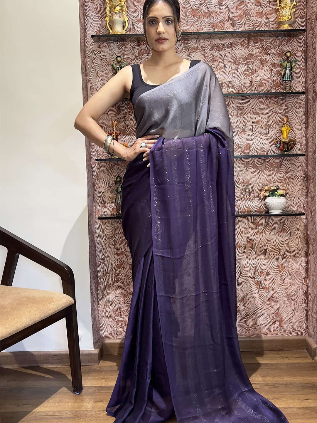 

DIVASTRI Striped Pure Chiffon Ready to Wear Saree, Blue