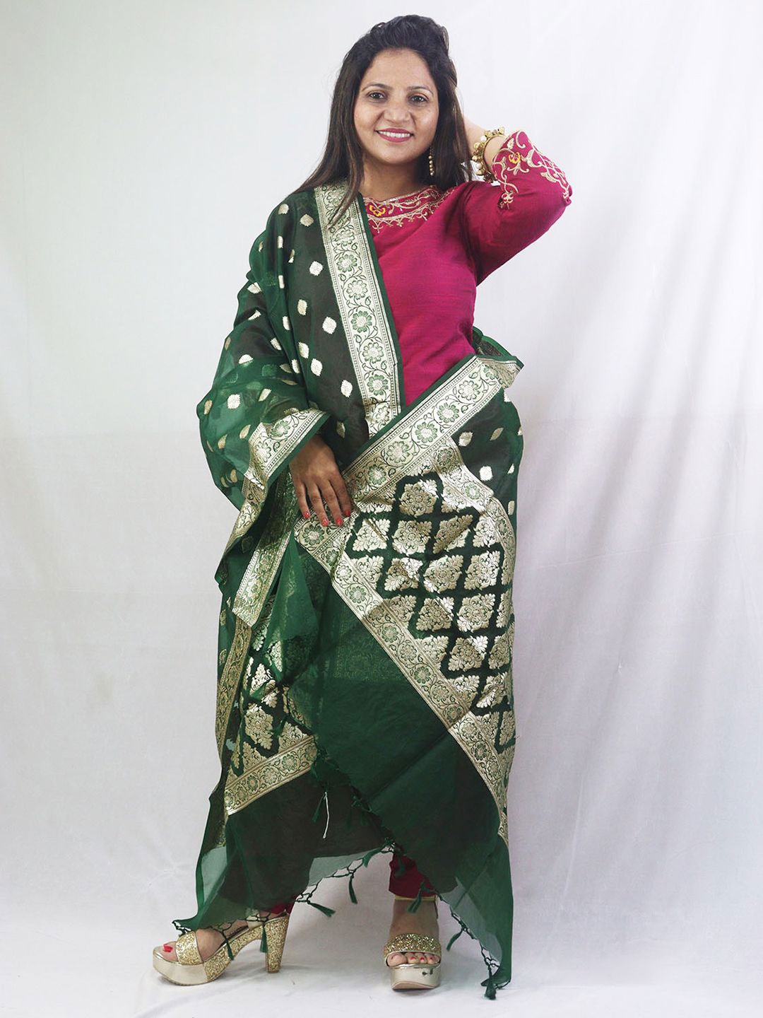 

Luxurionworld Ethnic Motifs Woven Design Organza Dupatta, Green
