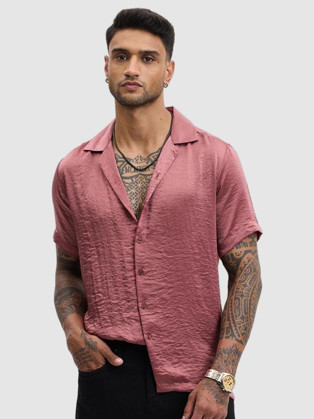

Snitch Men Relaxed Fit Cuban Collar Textured Casual Shirt, Pink