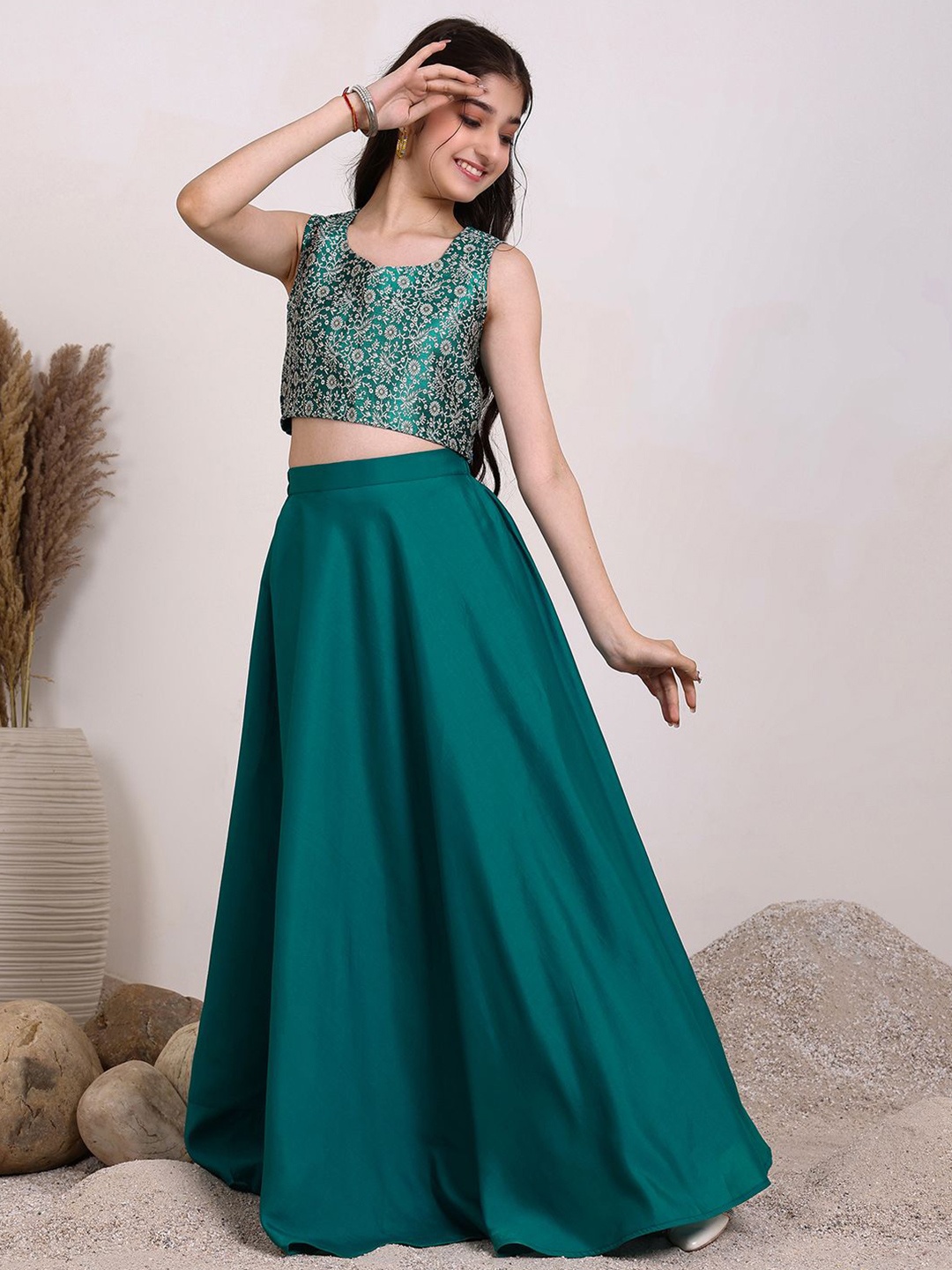 

Inddus Girls Embroidered Ready to Wear Lehenga & Blouse, Teal