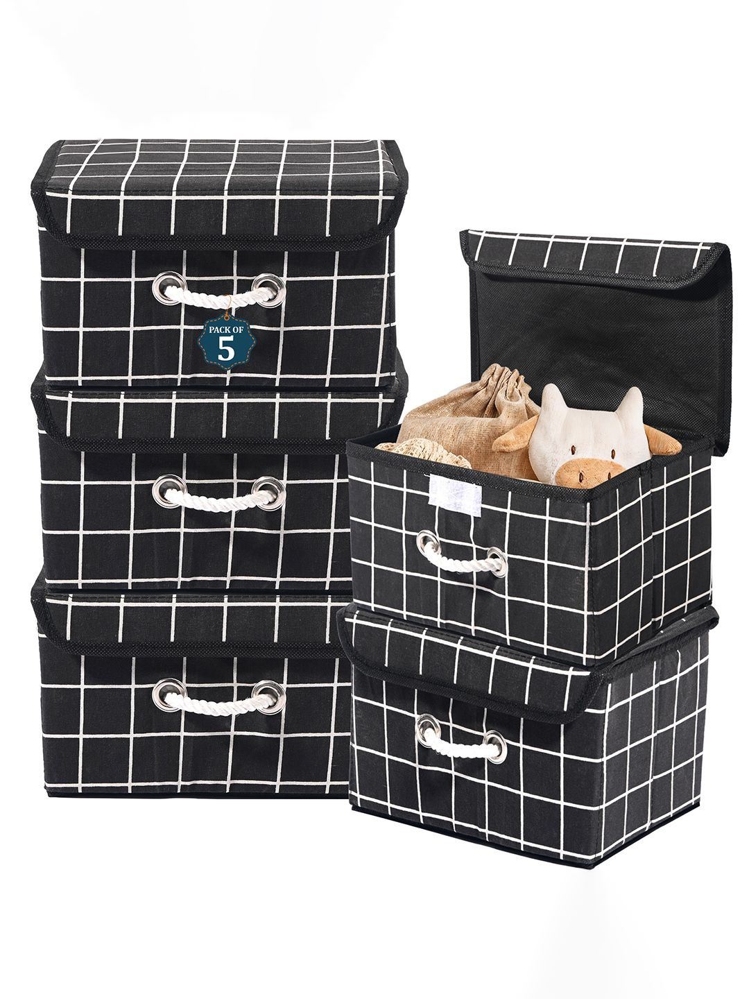 

Kuber Industries Black Set of 5 Checked Cotton Reusable Drawer Organisers