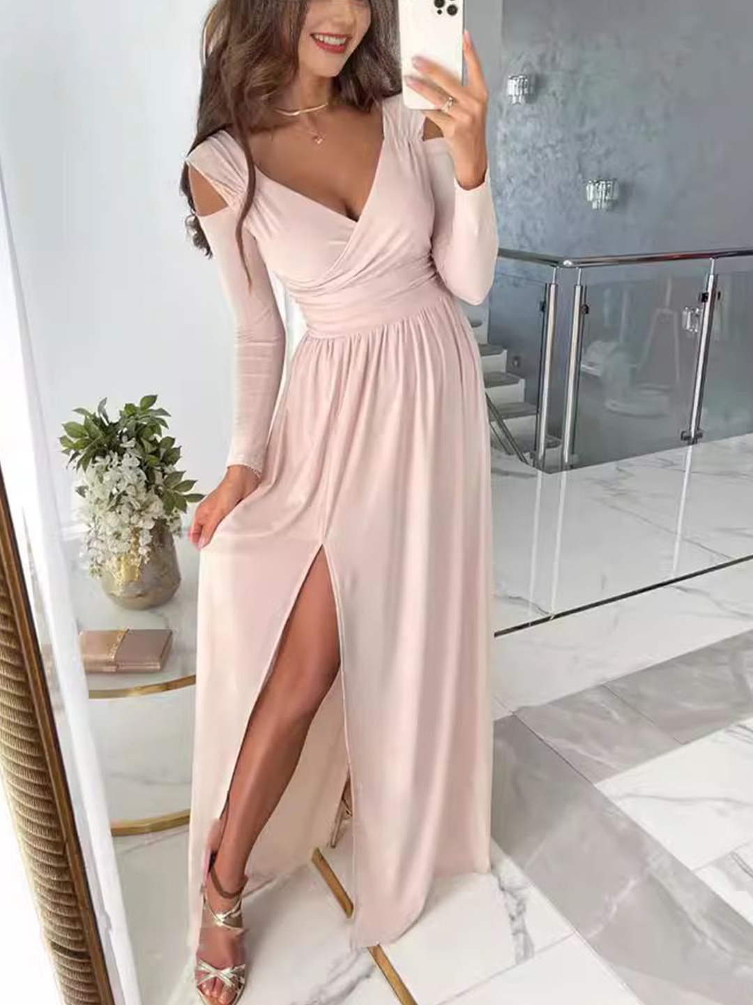 

StyleCast V-Neck Cut-Outs Maxi Dress, Beige