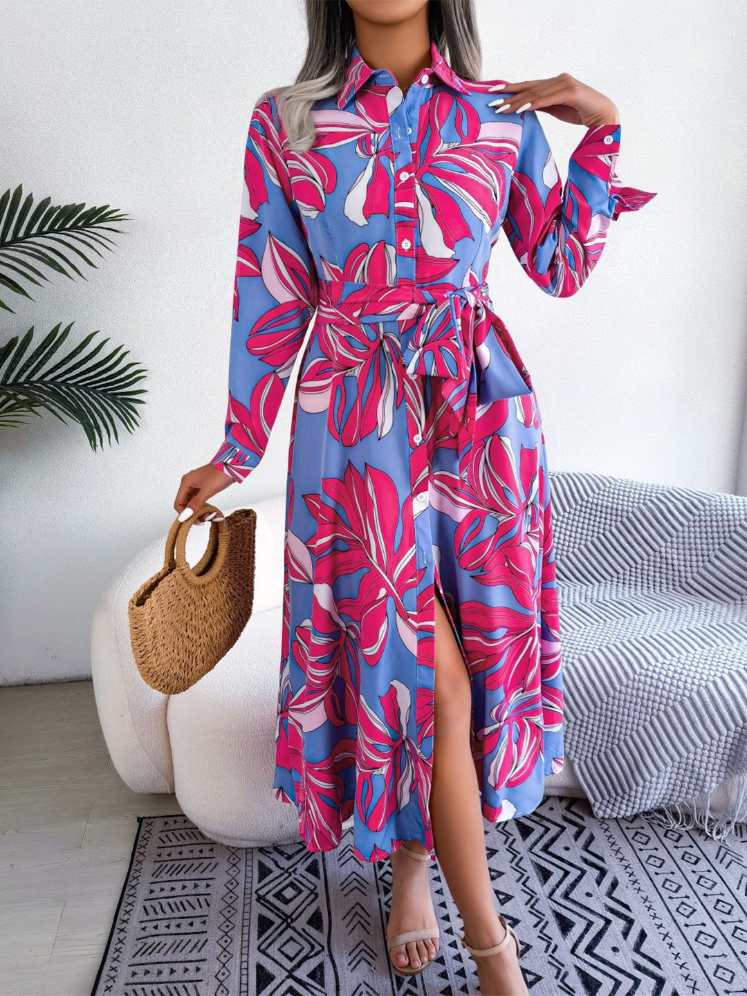 

StyleCast x Revolte Tropical Printed Cuffed Sleeves Shirt Midi Dress, Fuchsia