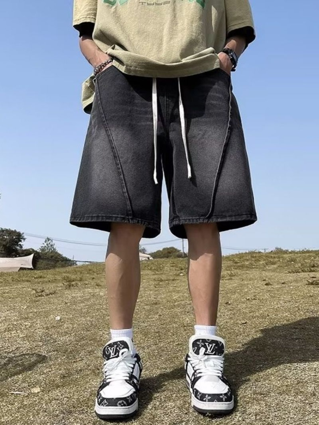 

StyleCast Men Washed Loose Fit Denim Shorts, Black