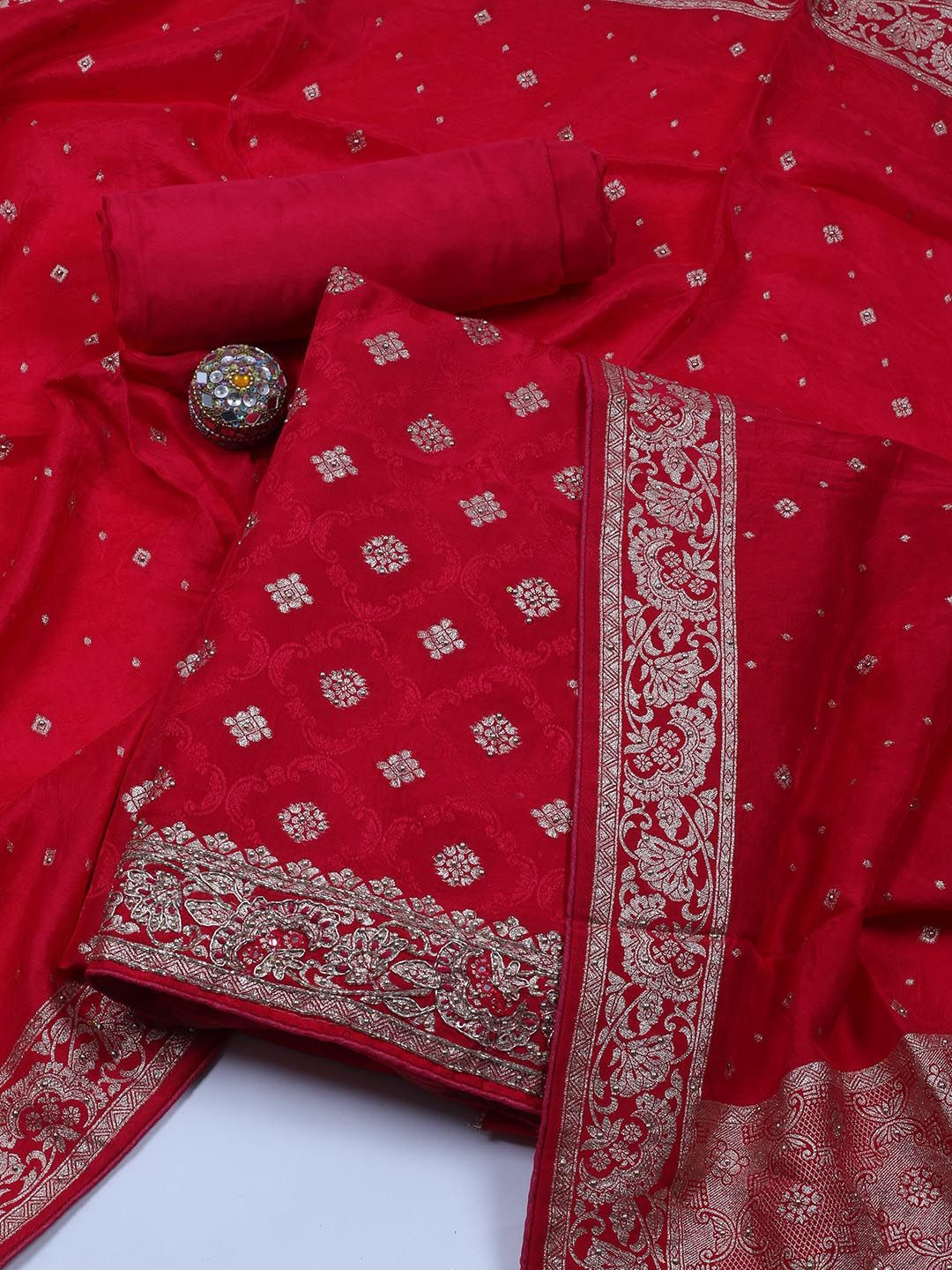 

Meena Bazaar Ethnic Motifs Woven Design Unstitched Dress Material, Pink