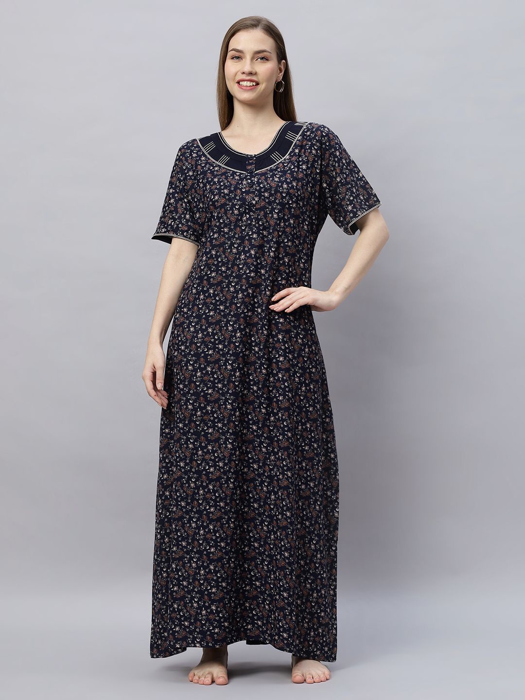 

QUIRA Women Printed Round Neck Maxi Nightdress, Navy blue