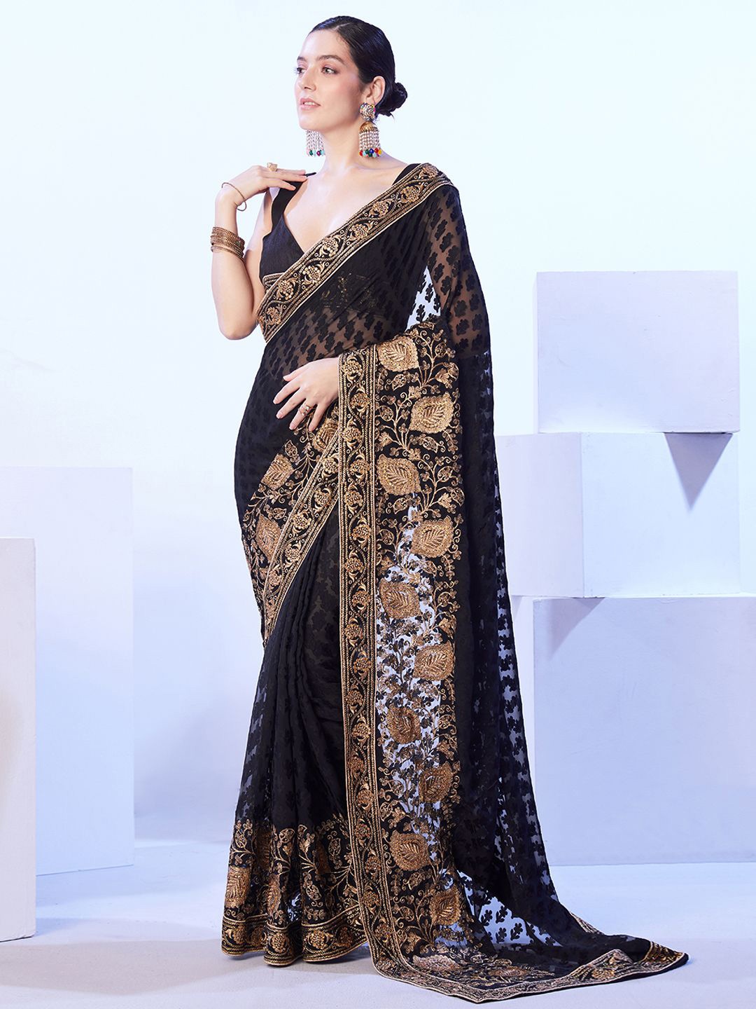 

Kalista Floral Beads and Stones Brasso Saree, Black