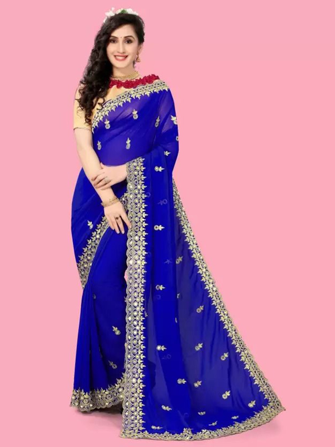 

SAADHVI Ethnic Motifs Embroidered Pure Georgette Saree, Blue