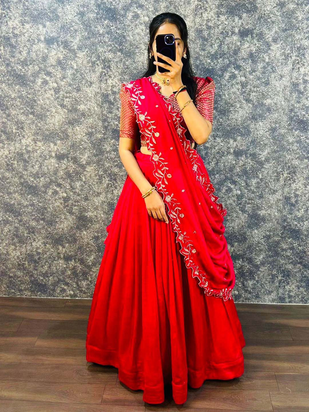 

Rujave Embroidered Sequinned Silk Georgette Ready to Wear Lehenga & Blouse With Dupatta, Red