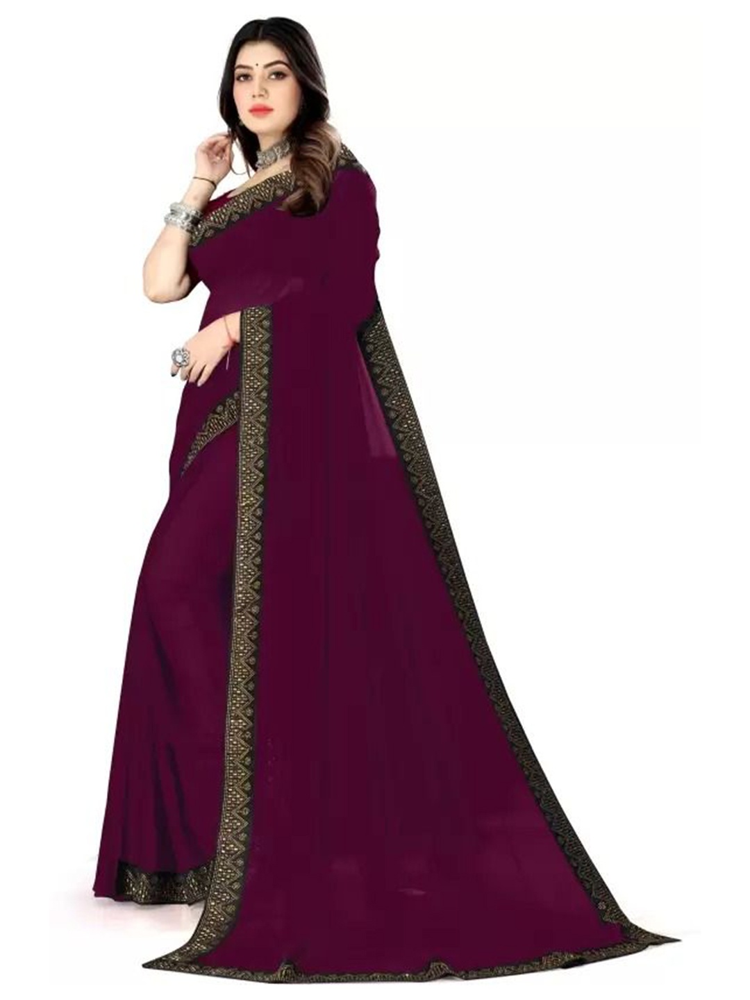 

SAADHVI Women Beads and Stones Pure Georgette Saree, Burgundy