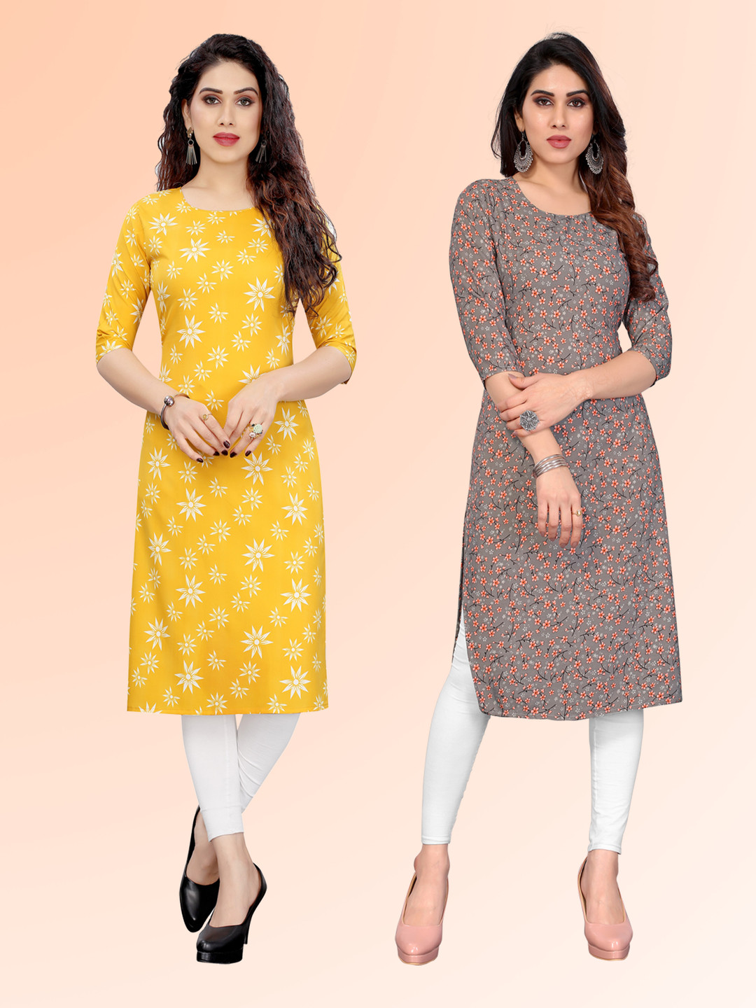 

KETAKI FASHION Selection Of 2 Floral Printed Round Neck Kurtas, Yellow