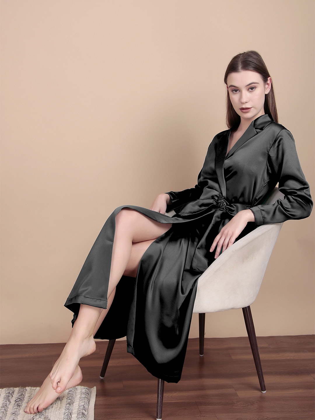 

Bella Babe by SK Women Long Silk Robe, Black