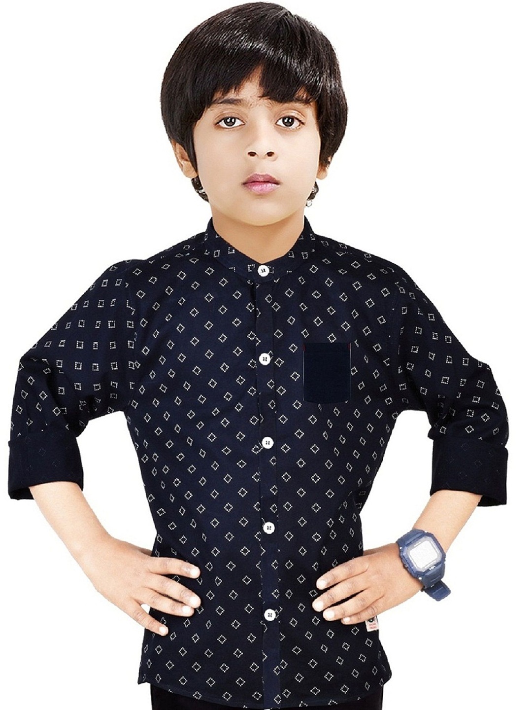 

MADE IN THE SHADE Boys Band Collar Geometric Printed Cotton Casual Shirt, Navy blue