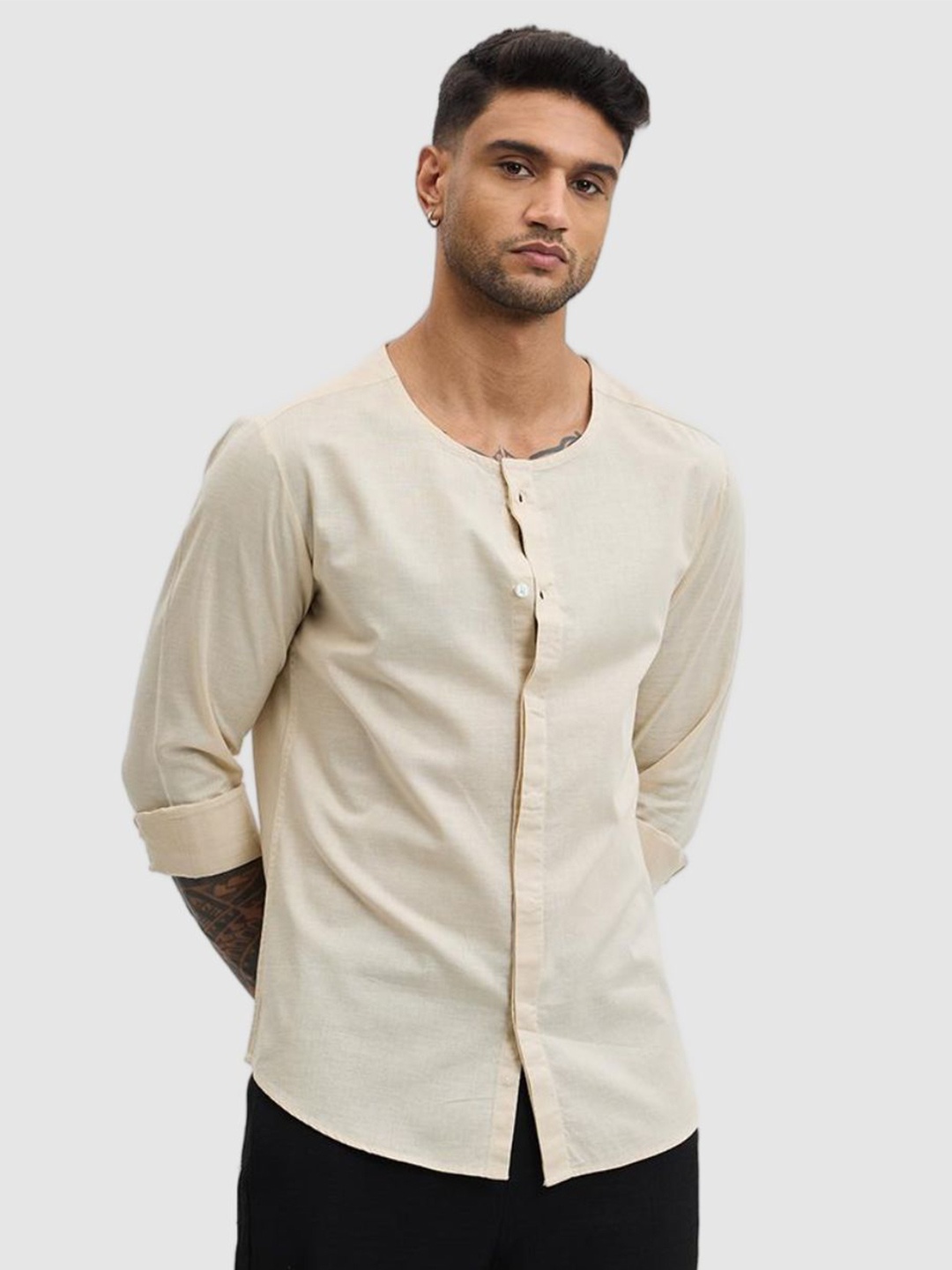 

Snitch Men Smart Slim Fit Solid Pure Cotton Casual Shirt, Beige