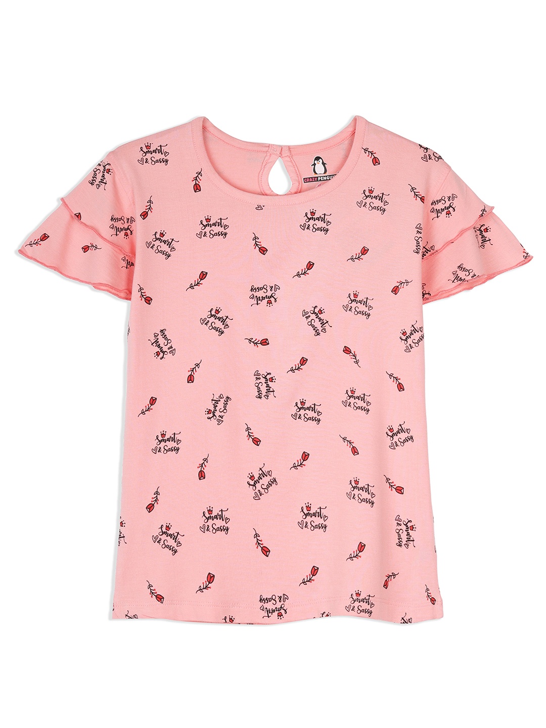 

CRAZYPENGUIN ELITE Girls Print Cotton Top, Peach