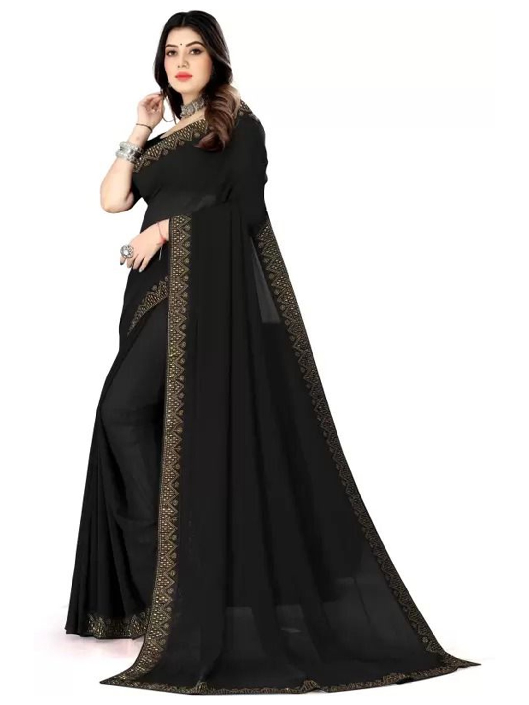 

SAADHVI Embroidered Pure Georgette Saree, Black