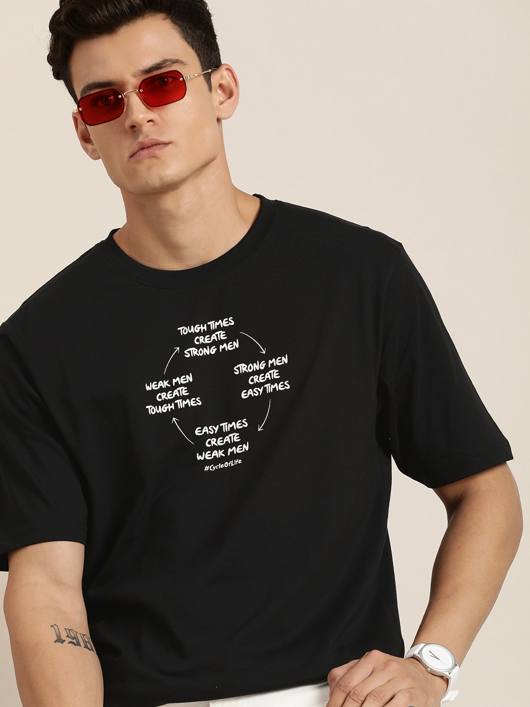 

Difference of Opinion Men Typography Printed Pure Cotton Oversize T-shirt, Black