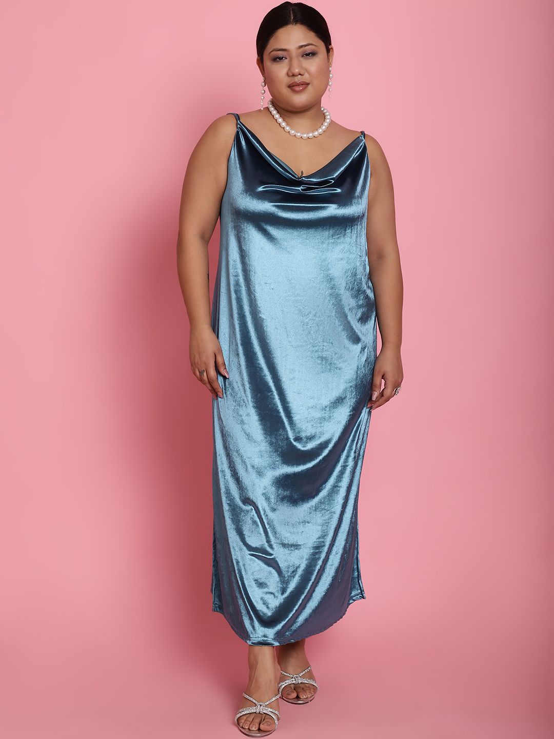 

theRebelinme Women Plus Size Cowl Neck Velvet Maxi A-Line Slip Dress With Slits Details, Teal