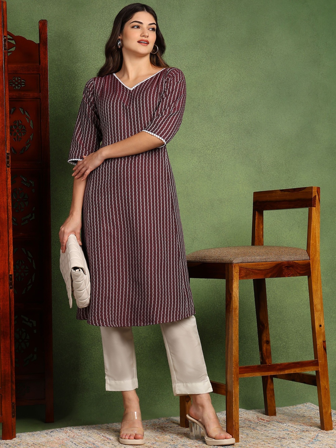 

VINH FASHION Striped Woven Design V-Neck Cotton A-Line Kurta, Maroon