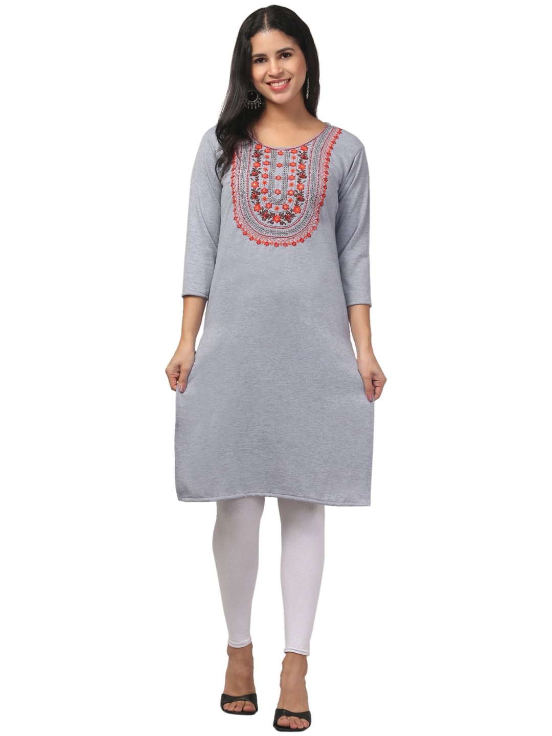 

FAMBEE Floral Embroidered Round Neck Mirror Work Woollen Straight Kurta, Grey
