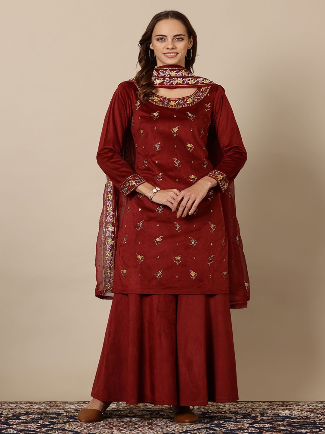 

AURELIA Floral Embroidered Sequinned Straight Kurta With Palazzos & Dupatta, Maroon