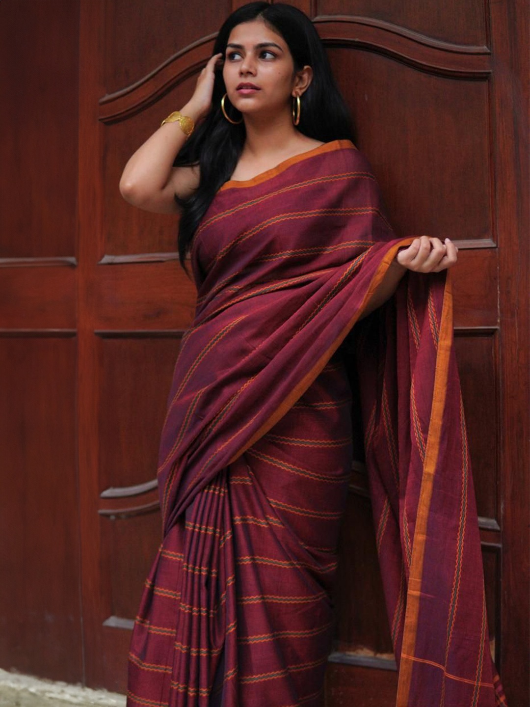 

Ruuprekha Striped Woven Design Zari Pure Cotton Fusion Khadi Saree, Maroon