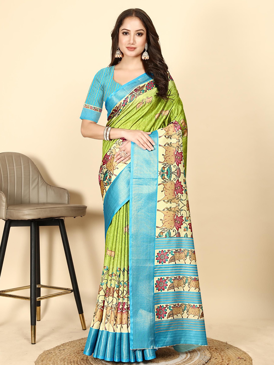 

J 6 DESIGNER Cow Pista Rama Woven Design Printed Zari Saree, Green