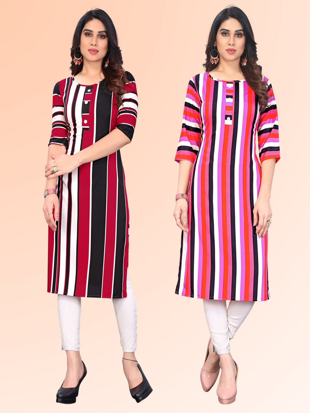 

KETAKI FASHION Selection of 2 Striped Round Neck Straight Kurtas, Red