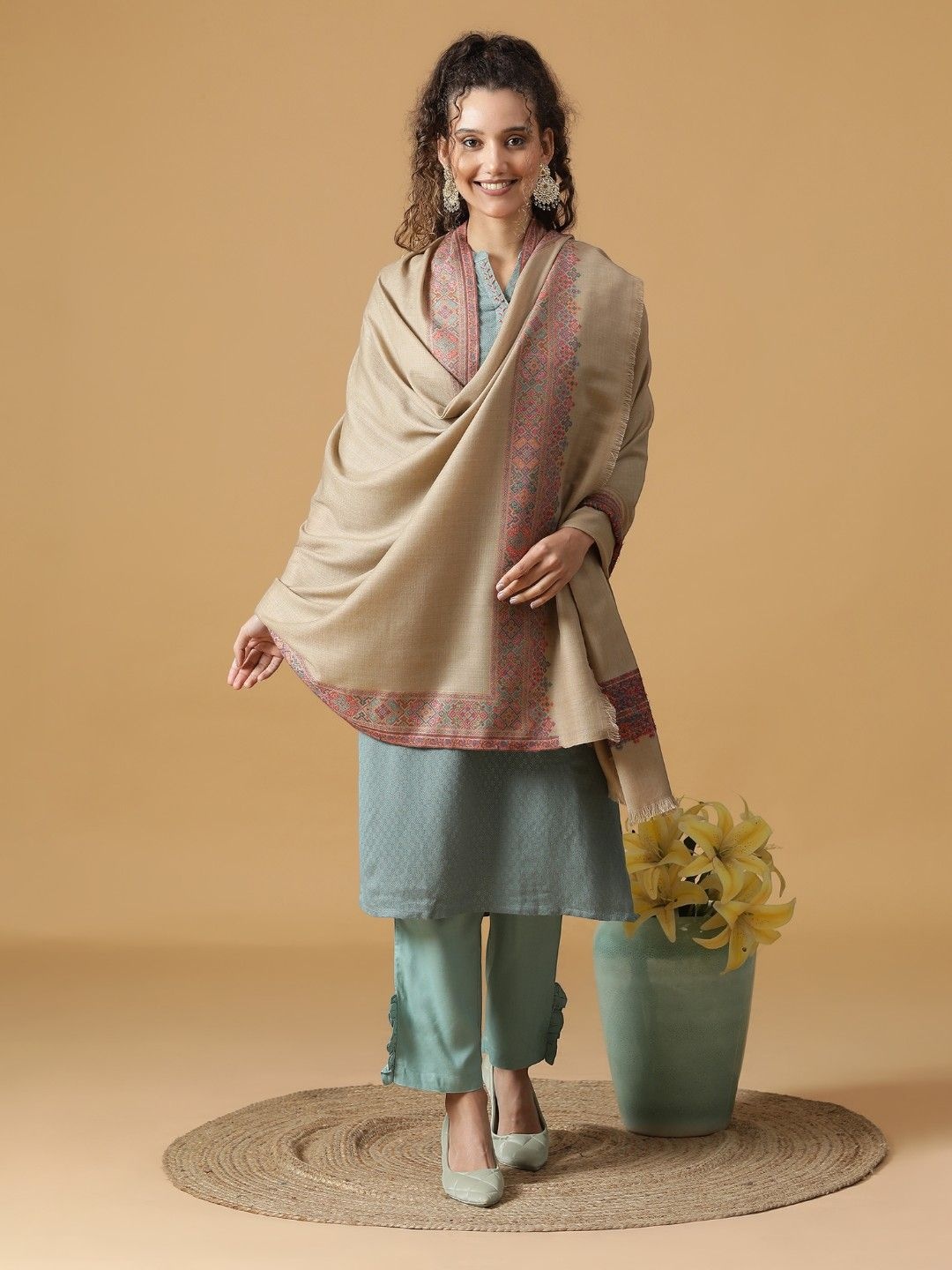 

Tiara Geometric Woven Design Tiara Sparkles Brightly With the Elegance Of Kani Shawl, Camel brown