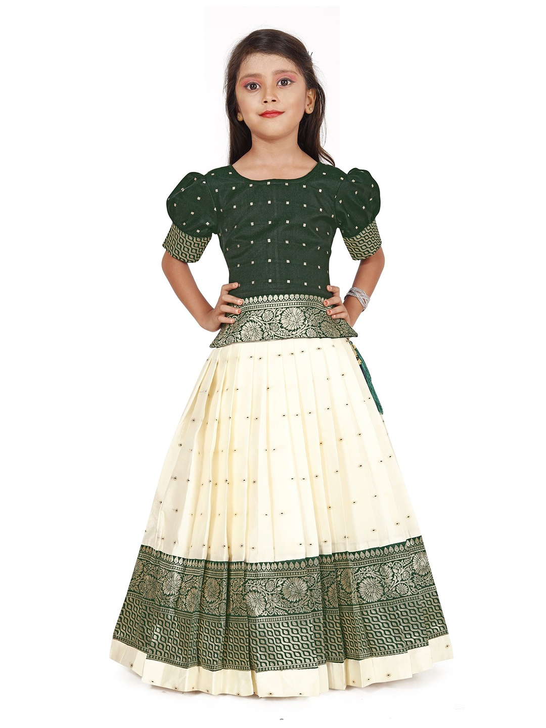 

FELIZ THE DESIGNER STUDIO Girls Ethnic Motifs Woven Design Ready to Wear Lehenga & Blouse, Green