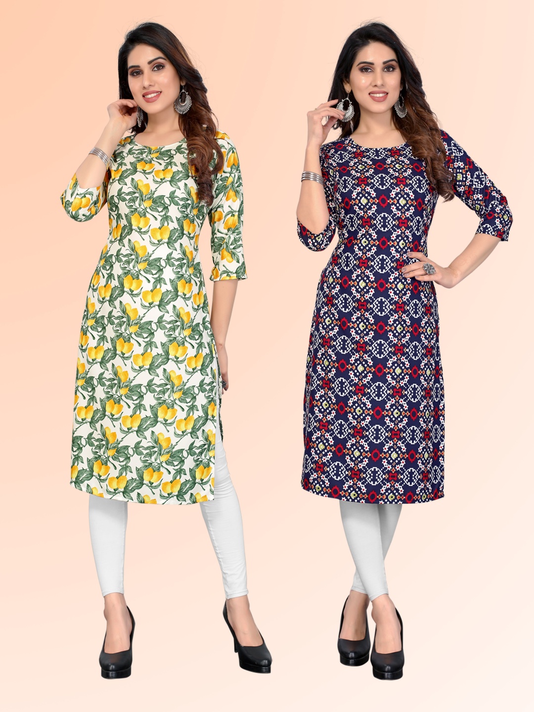 

KETAKI FASHION Selection Of 2 Floral Printed Round Neck Kurtas, Yellow