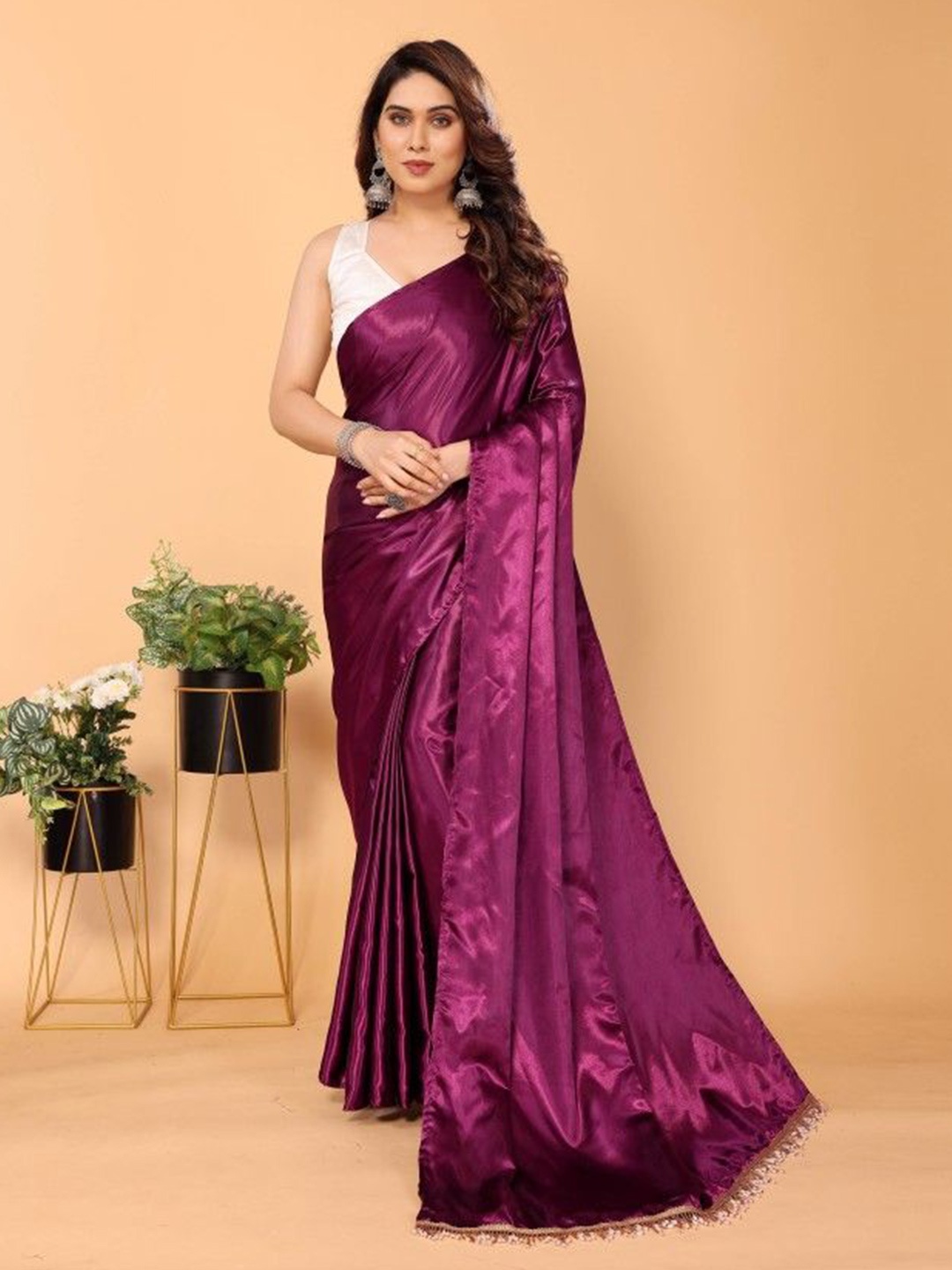 

LADY SHOPI Women Satin Saree, Purple