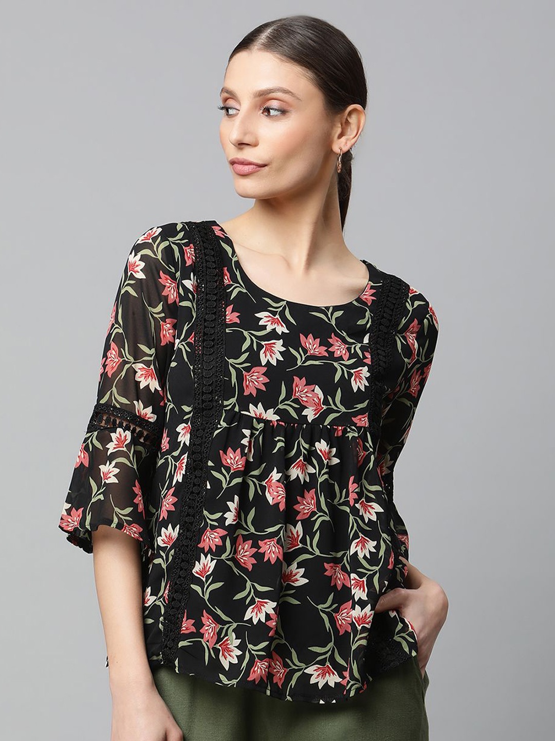 

Global Republic Floral Print Blouson Top, Black