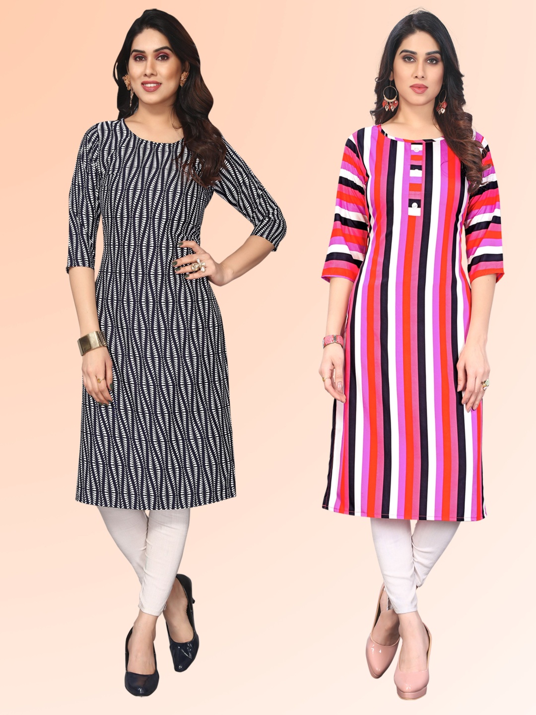 

KETAKI FASHION Selection of 2 Abstract Printed Round Neck Straight Kurtas, Black