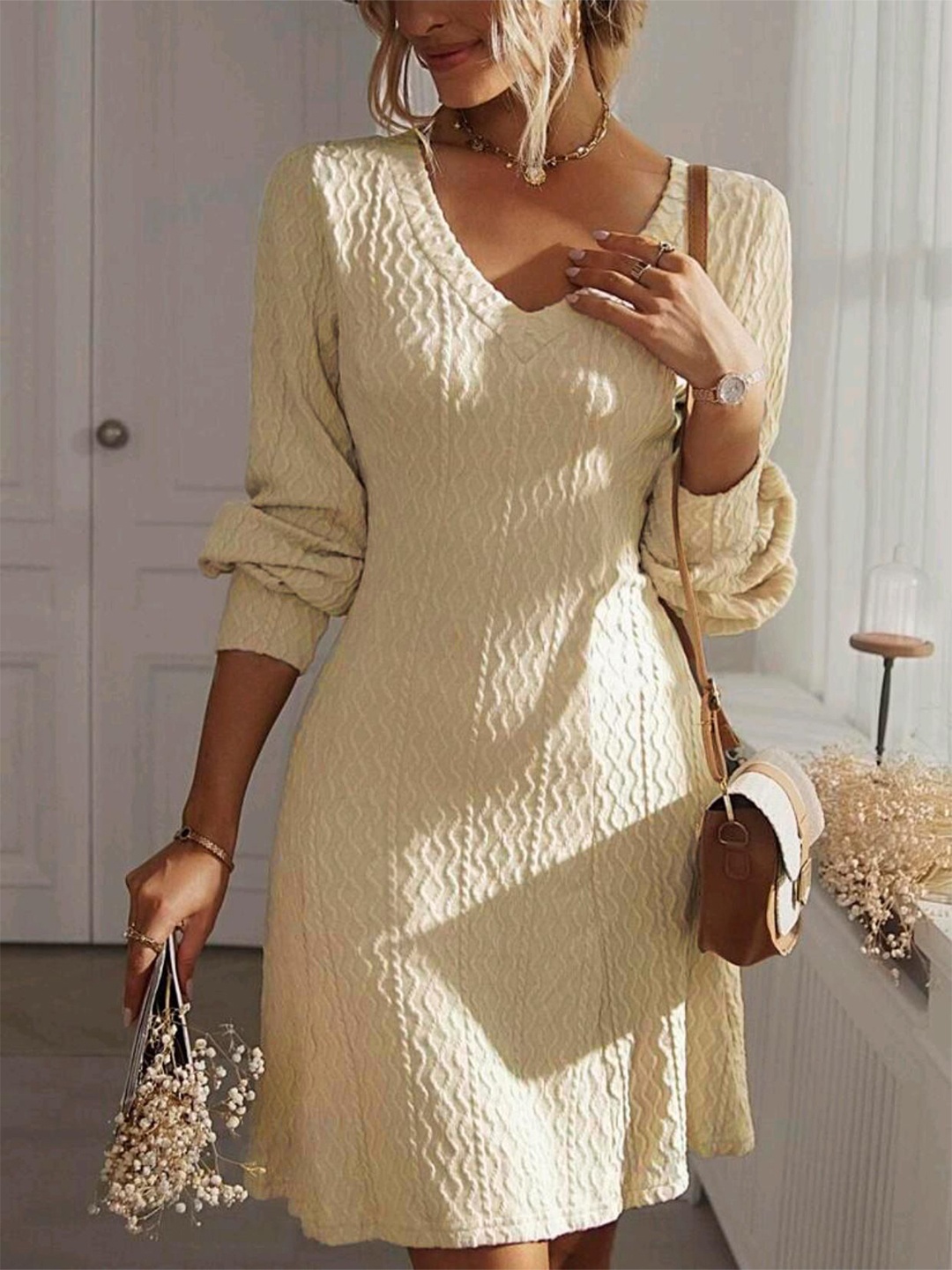 

StyleCast Women Self Design Long Sleeves A-Line Dress, Cream