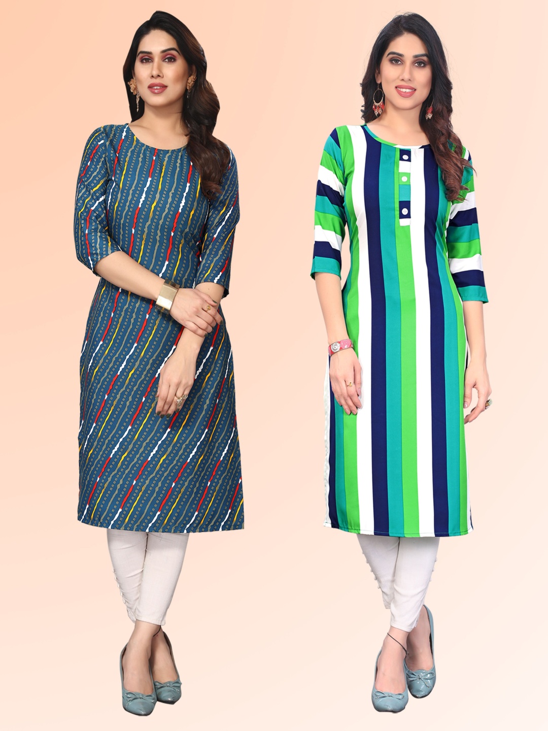 

KETAKI FASHION Selection Of 2 Striped Printed Round Neck Kurtas, Blue