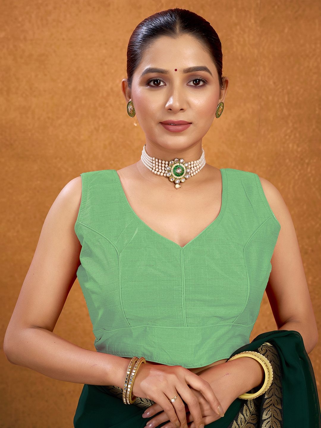 

KALINI Silk Sleeveless V-Neck Saree Blouse With Tie Up Details, Green