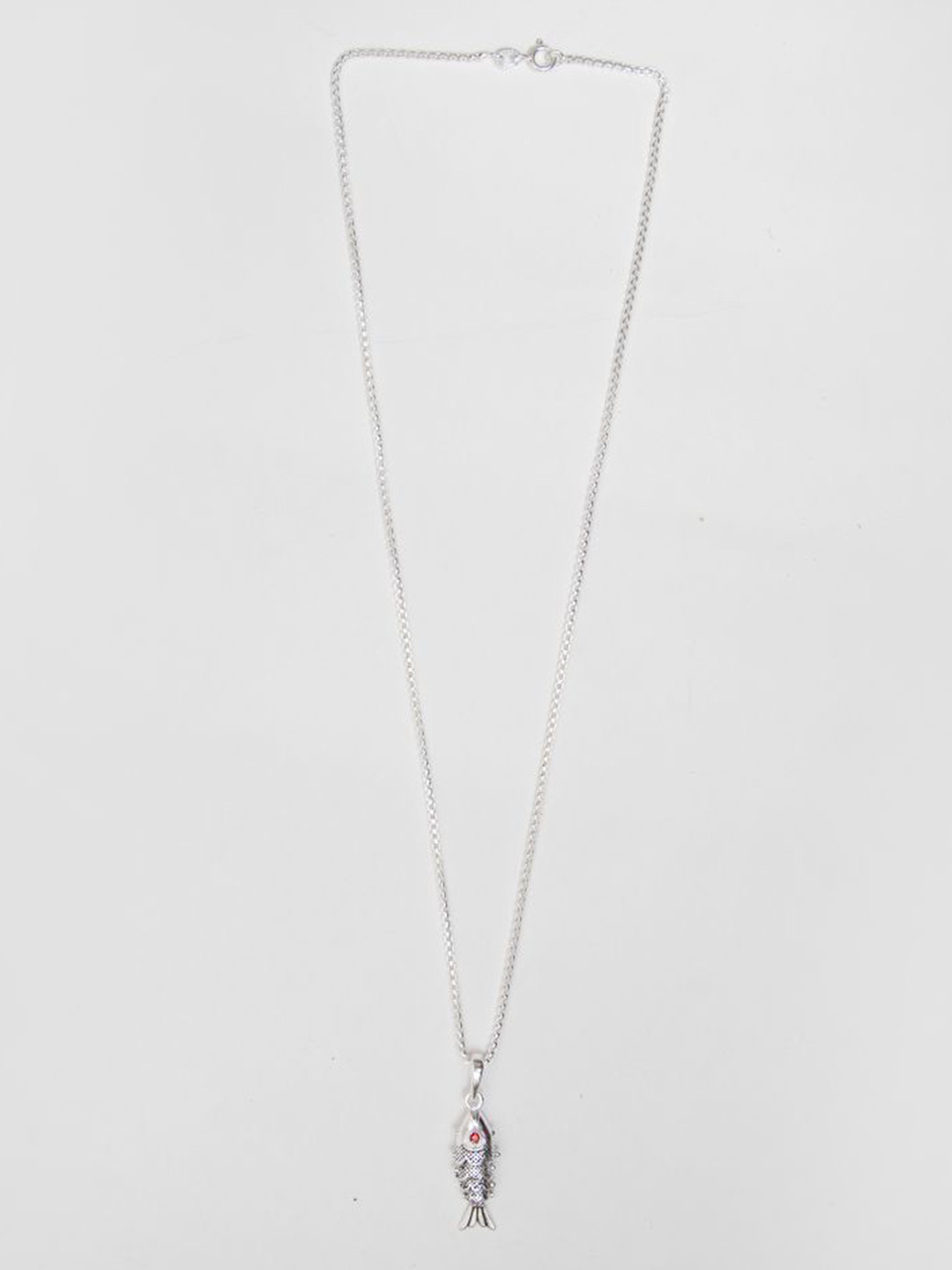 

De Flossy Silver 925 Sterling Silver Stone-Studded Fish-Shaped Oxidised Pendant With Chain