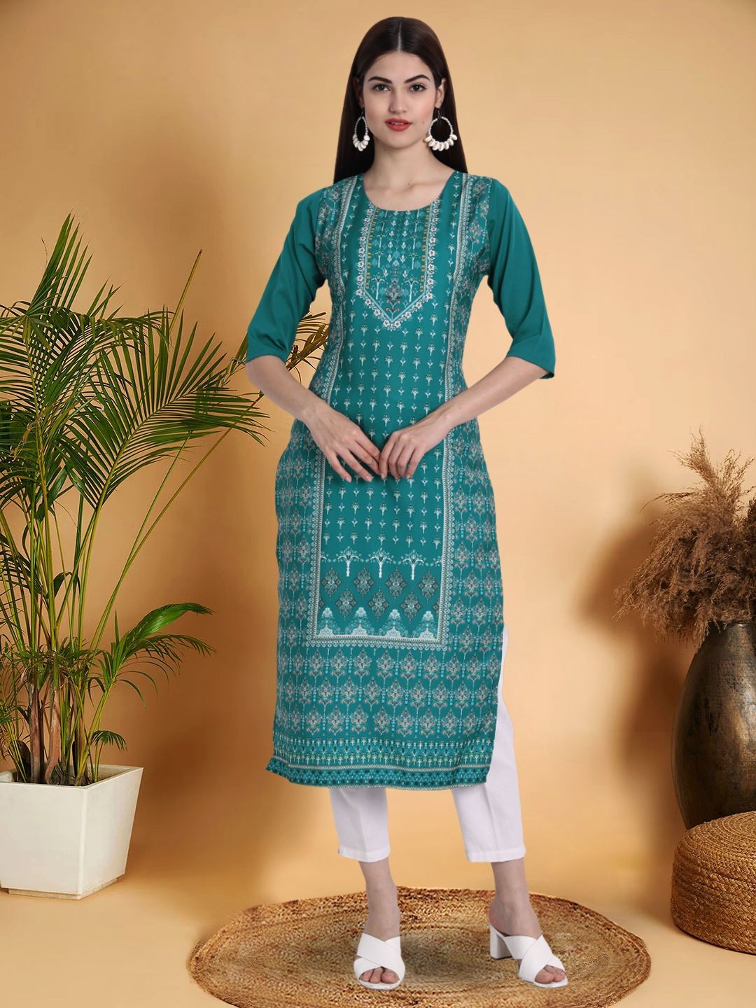 

7Threads Selection Of 2 Ethnic Motifs Printed Round Neck Straight Kurtas, Blue