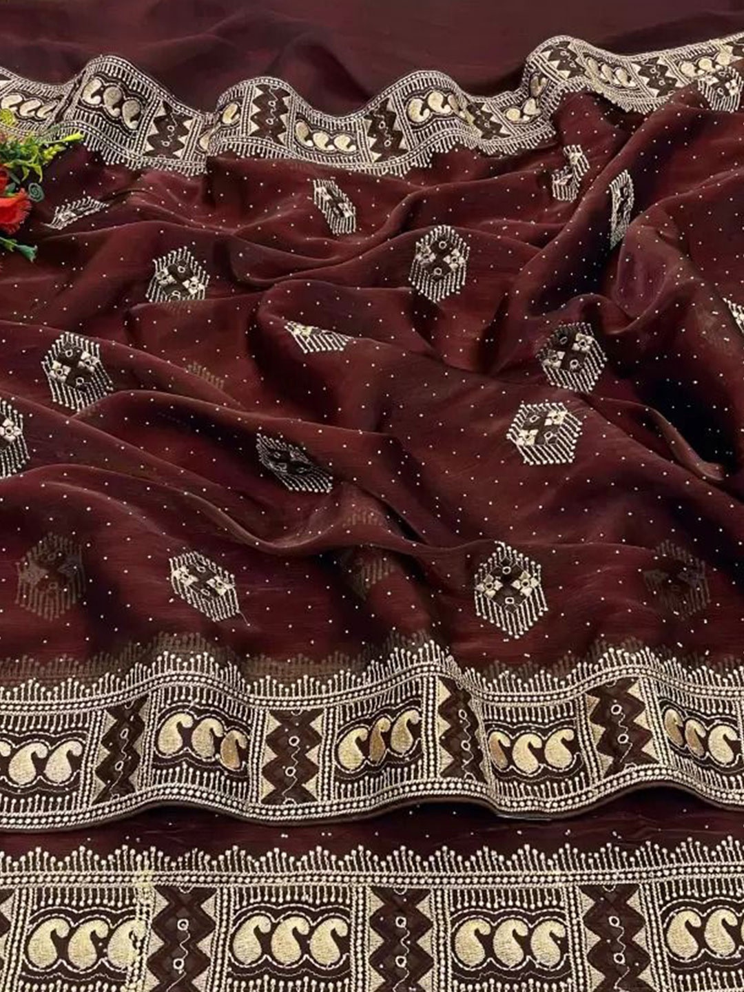 

SAADHVI Embellished Embroidered Organza Designer Saree, Brown