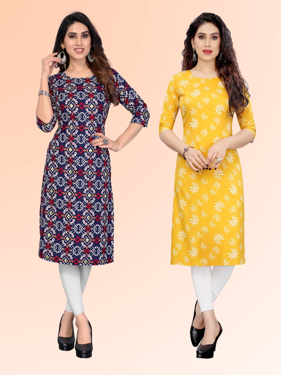 

KETAKI FASHION Selection Of 2 Ethnic Motifs Printed Round Neck Straight Kurtas, Navy blue