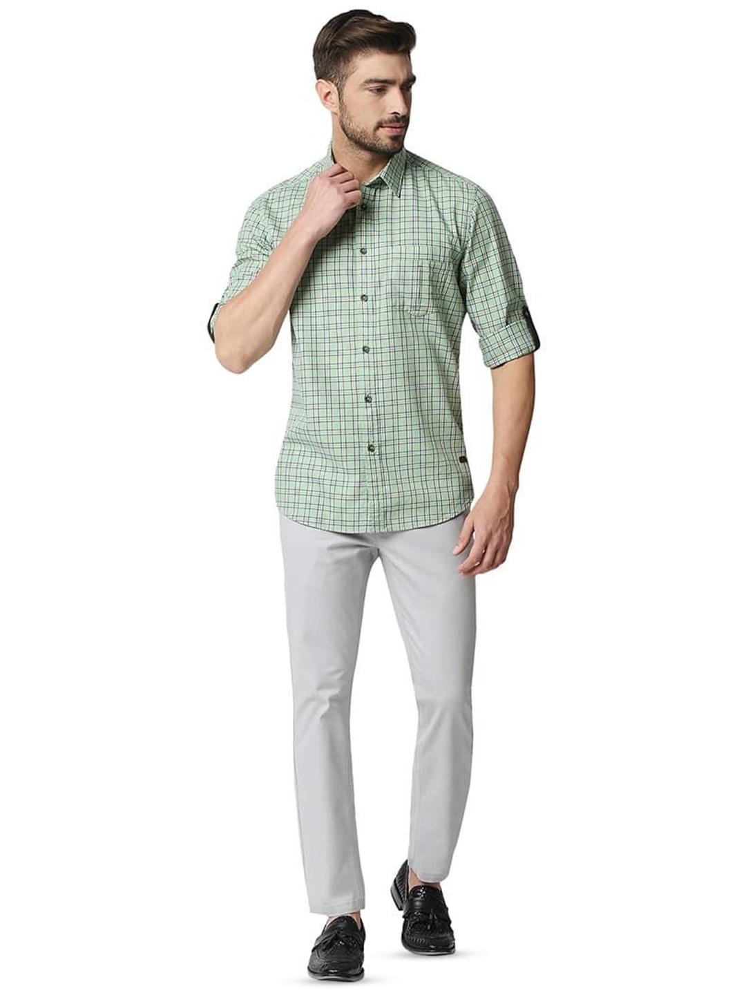 

Basics Men Slim Fit Spread Collar Grid Tattersall Checked Cotton Casual Shirt, Green