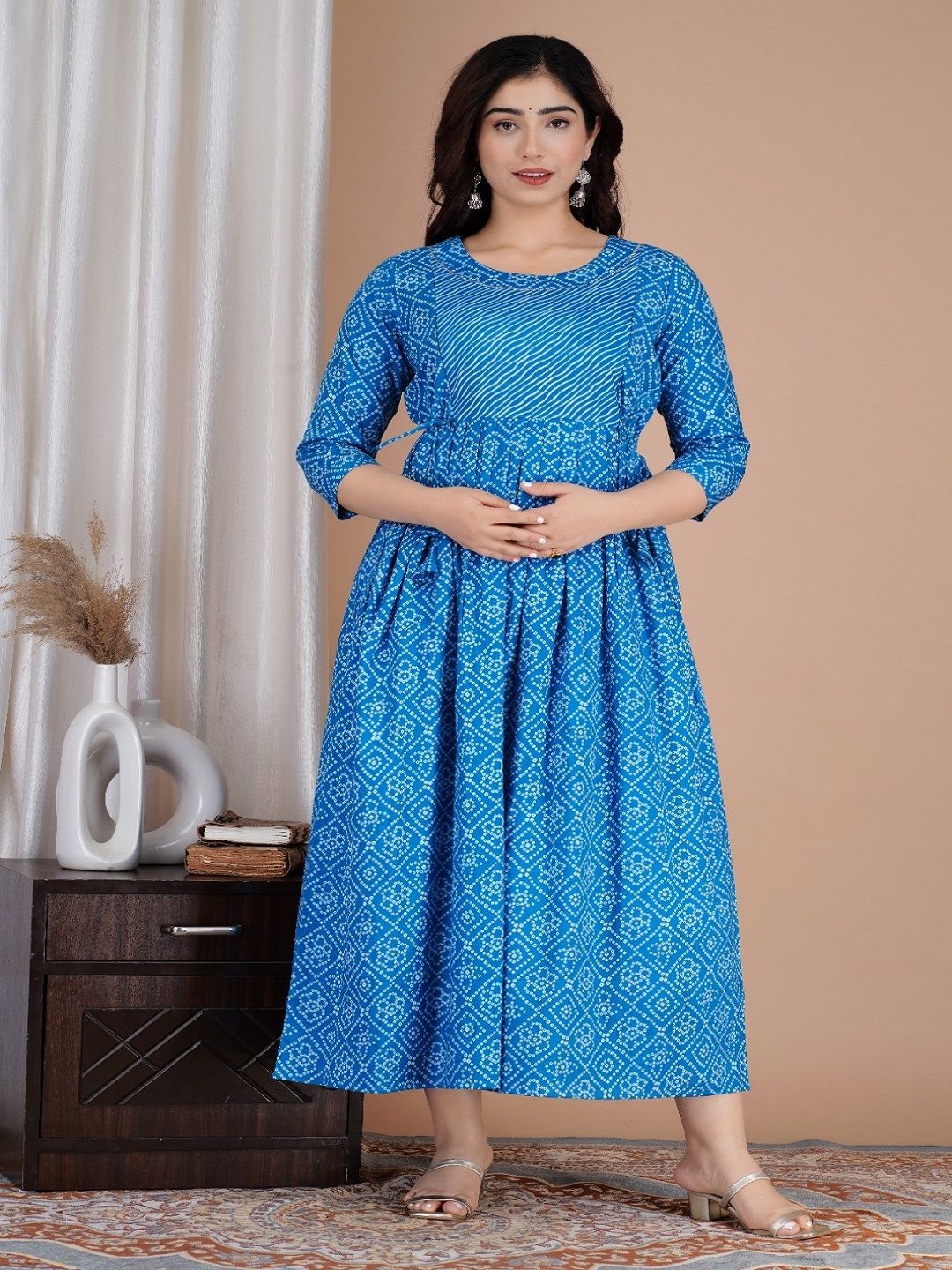 

Nevisha Style Bandhani Printed Round Neck Gotta Patti Maternity Cotton Anarkali Kurta, Blue