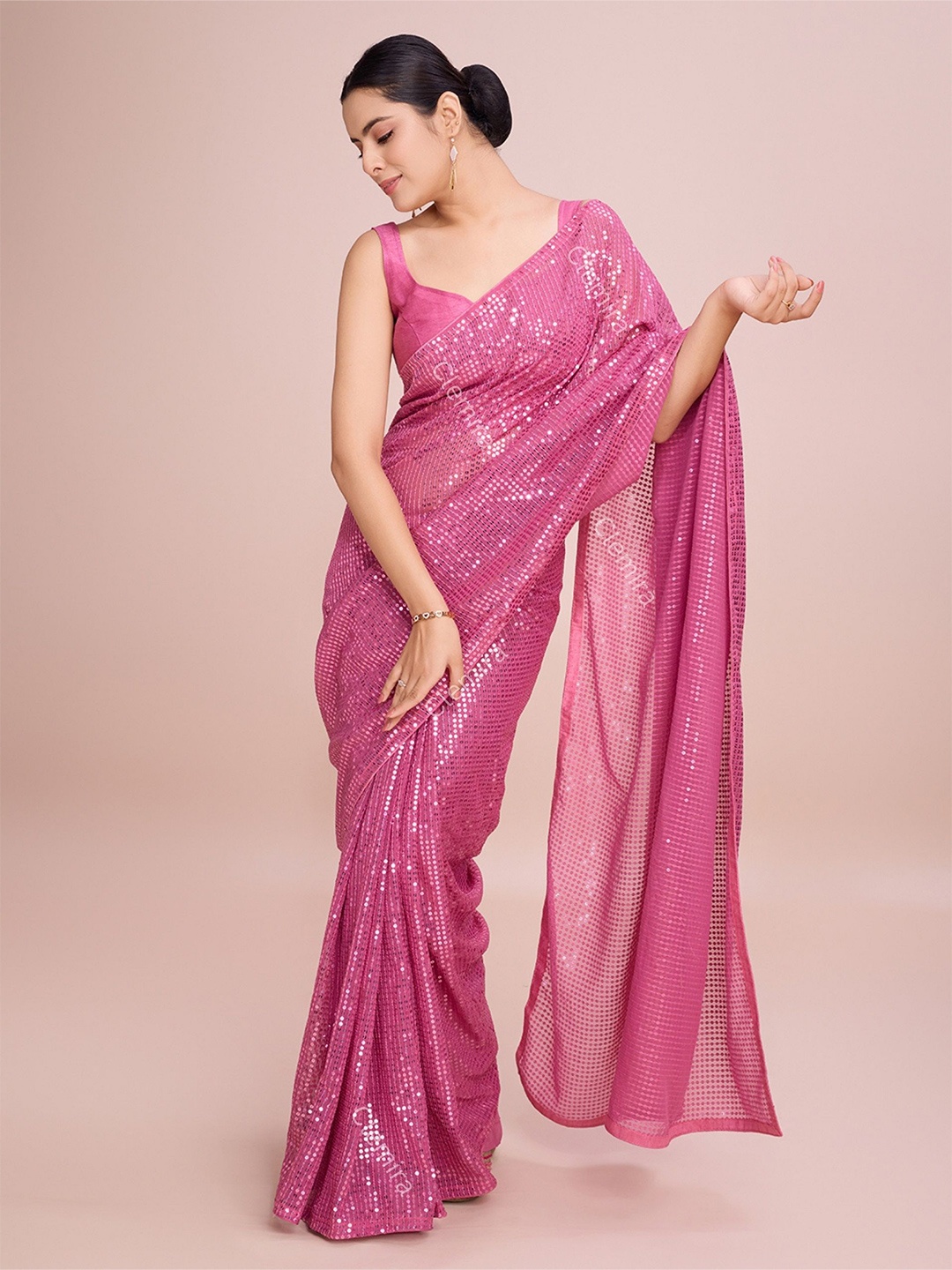 

FashionsEye Embellished Sequinned Pure Georgette Saree, Pink