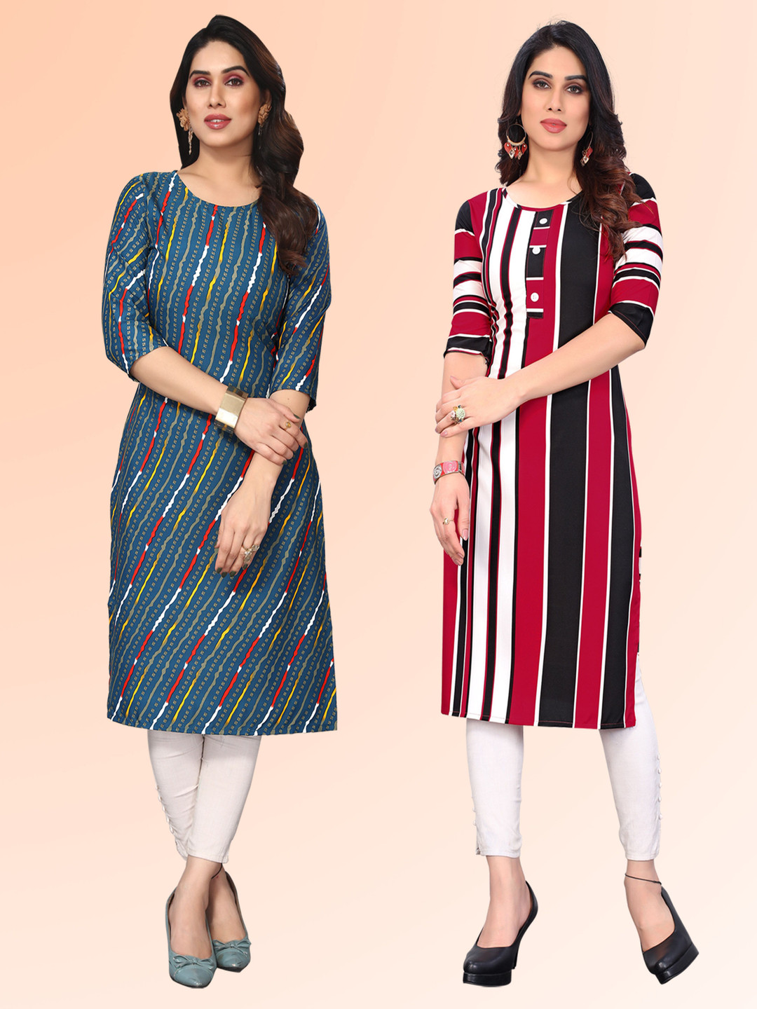 

KETAKI FASHION Selection Of 2 Striped Printed Round Neck Kurtas, Blue