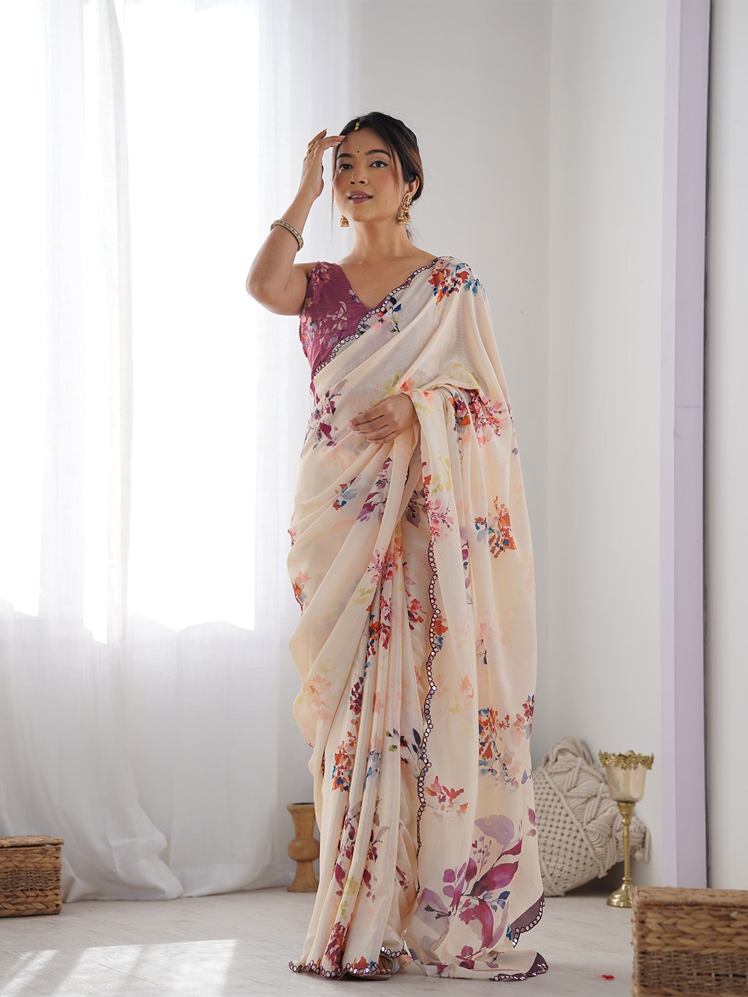 

Kalista Floral Printed Mirror Work Pure Chiffon Saree, White