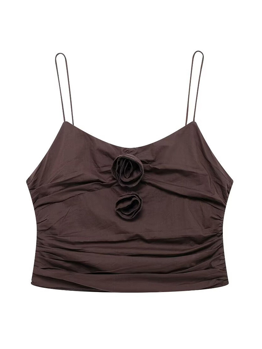 

LULU & SKY Women Shoulder Straps Ruched Crop Fitted Cami Top With Floral Detail, Brown